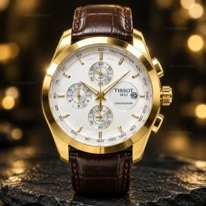 6ce9f59b-5986-4fe6-a4ce-567e5de69c21 ساعت تیسوت 1853 قاب طلایی و صفحه سفید | Tissot 1853 Gold White Chronograph Watch | قفل پروانه ای استیل