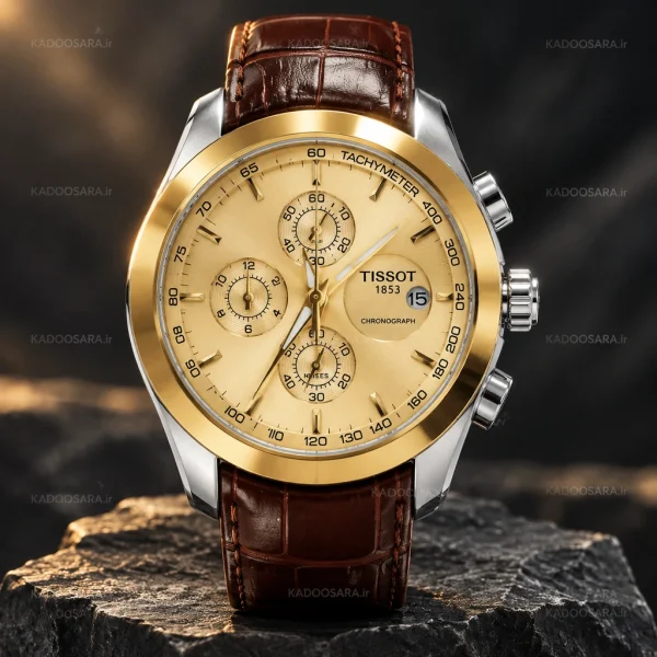 7af63962-388e-4b91-88b8-5d478669aa98 ساعت تیسوت 1853 قاب و صفحه طلایی | Tissot 1853 Gold Chronograph Watch | قفل پروانه ای استیل